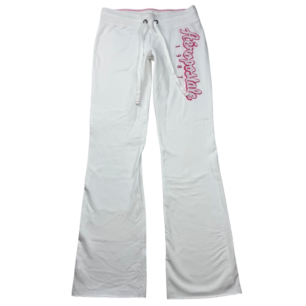 VTG Y2K Aeropostale White Pink Puff Print Logo Flare Sweatpants Ultra Low Rise S